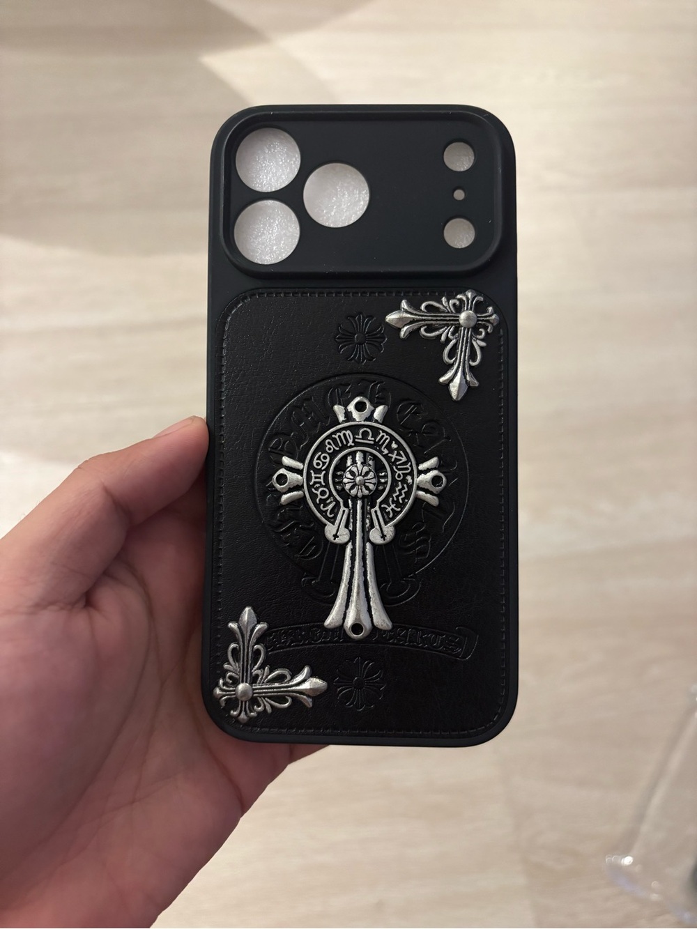 Black Decorative Leatherette Phone Case with Silver Metal Embellishments